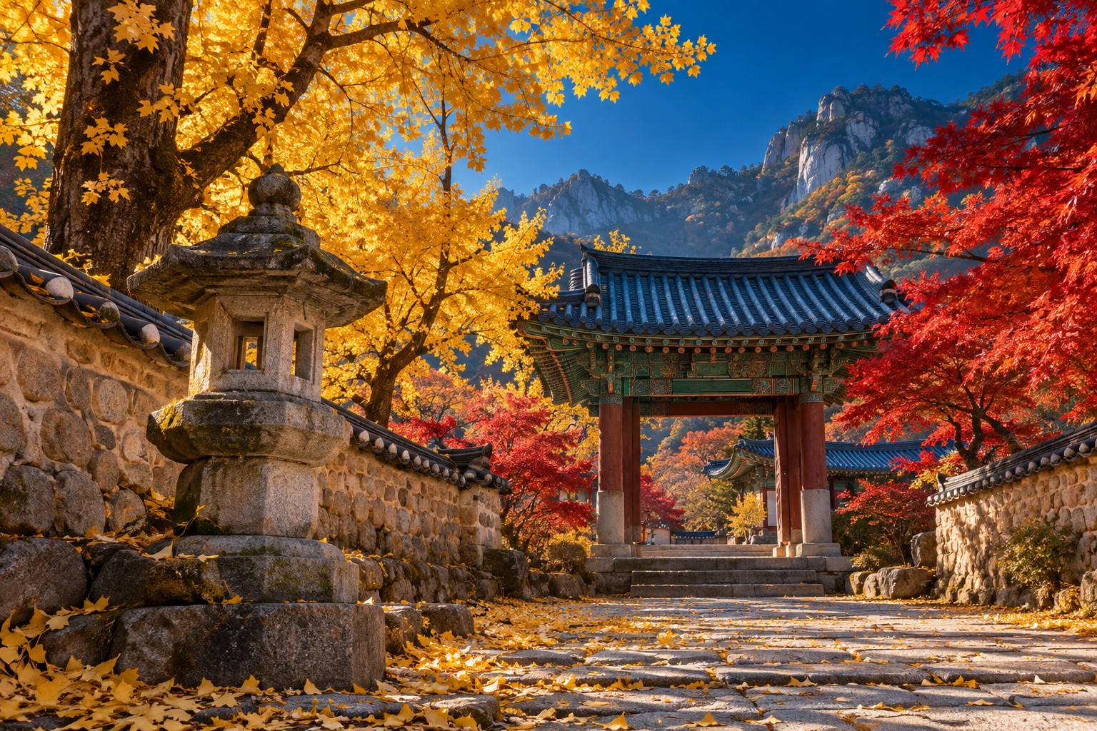 낙엽이 쌓인 전등사 석등과 단풍길, 강화 당일치기 명소