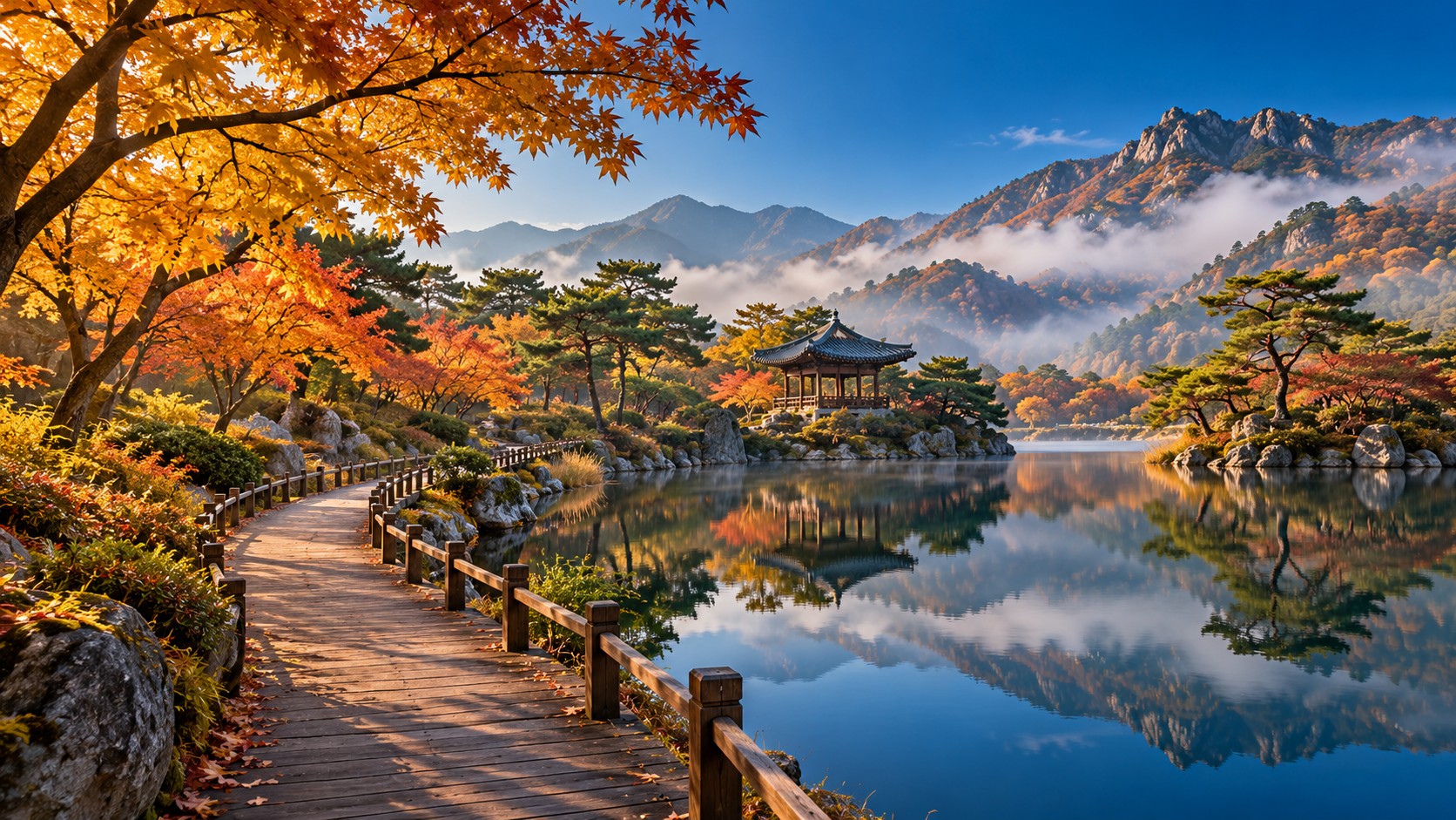 가평 아침고요수목원 가을 정원 산책길과 연못 풍경