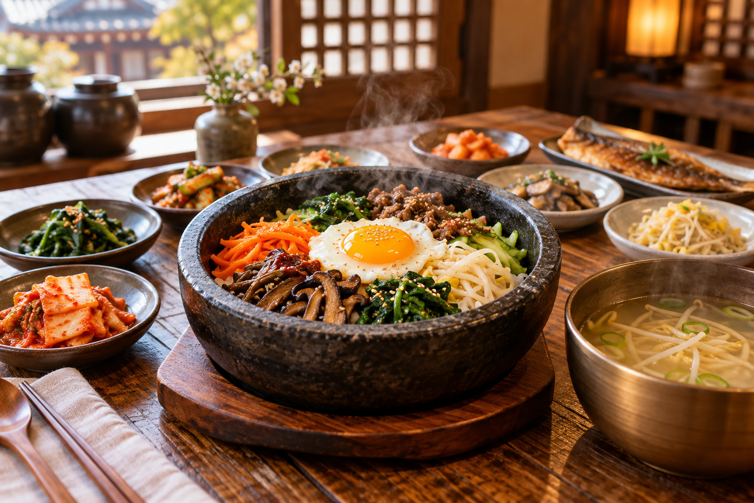 전주 여행 1박2일 코스 가이드, 한옥마을 일정 (2026) 2 전주 비빔밥과 콩나물국밥이 차려진 따뜻한 식탁