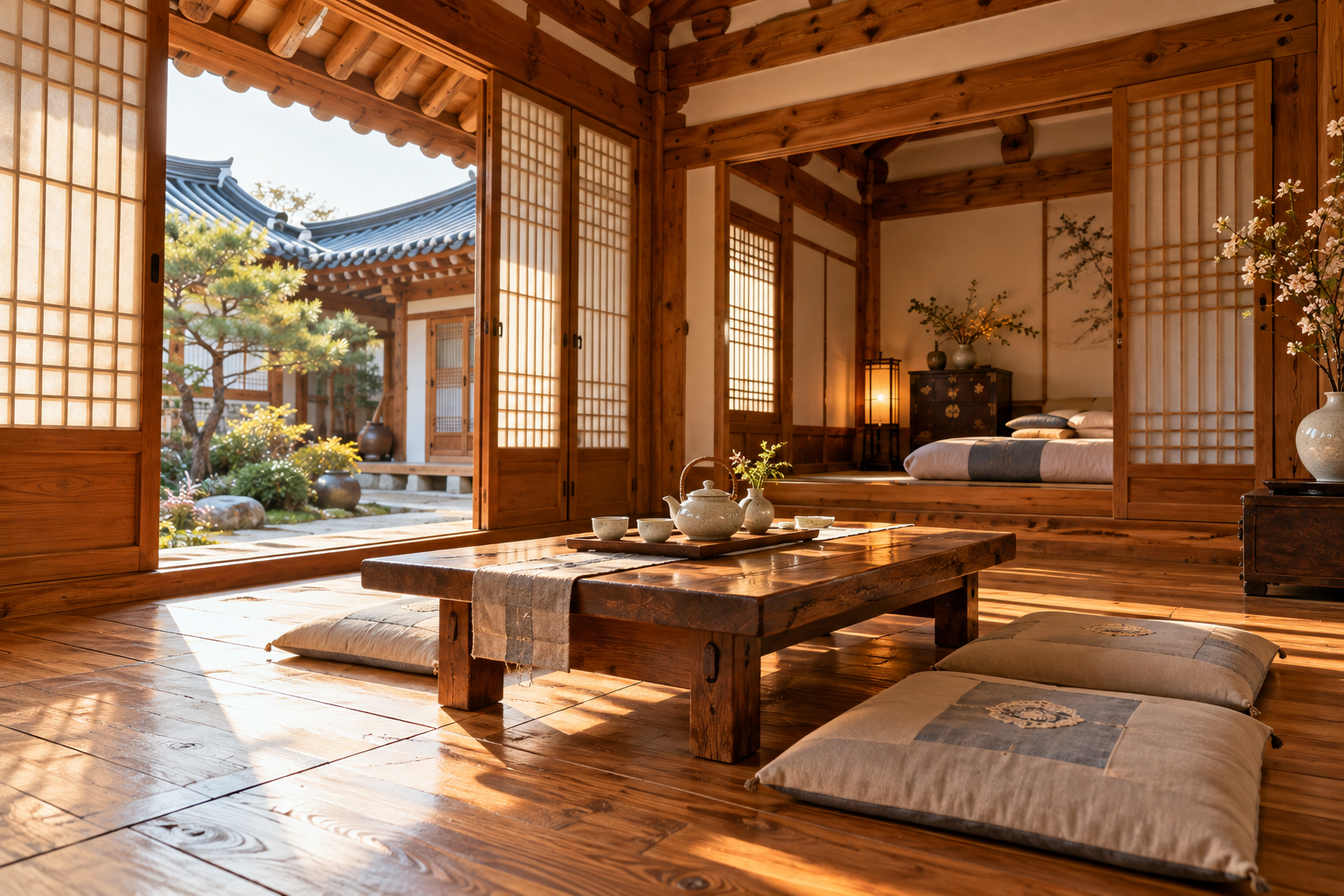 전주 여행 1박2일 코스 가이드, 한옥마을 일정 (2026) 3 마루와 티세트가 있는 전주 한옥숙소의 아늑한 내부